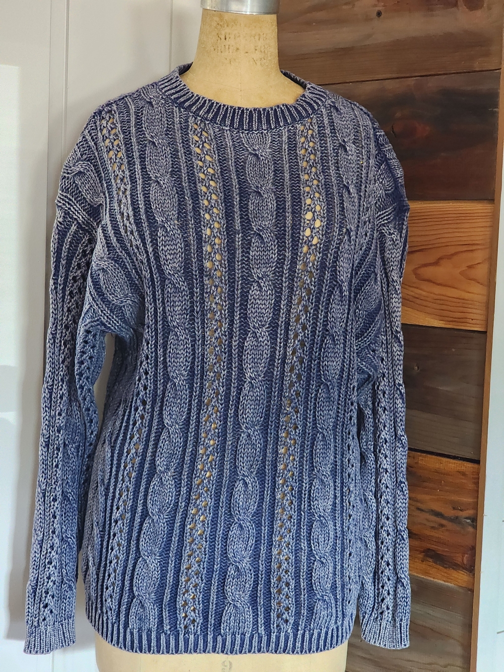 Blue Marled Cable Knit Crewneck Sweater